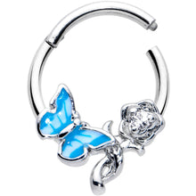 Load image into Gallery viewer, 16G 3/8 Clear CZ Gem Butterfly Rose Blue Hinged Segment Ring
