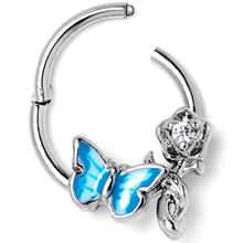 Load image into Gallery viewer, 16G 3/8 Clear CZ Gem Butterfly Rose Blue Hinged Segment Ring
