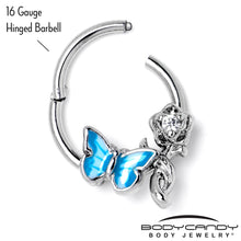 Load image into Gallery viewer, 16G 3/8 Clear CZ Gem Butterfly Rose Blue Hinged Segment Ring
