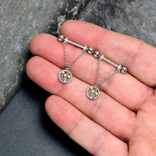Load image into Gallery viewer, 14G 9/16 Clear Gem Cat Yellow Flowers Chain Dangle Nipple Ring Set

