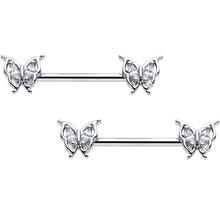 Load image into Gallery viewer, 14G 9/16 Clear Gem Fancy Fab Butterfly Barbell Nipple Ring Set
