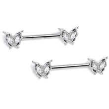 Load image into Gallery viewer, 14G 9/16 Clear Gem Fancy Fab Butterfly Barbell Nipple Ring Set
