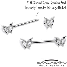 Load image into Gallery viewer, 14G 9/16 Clear Gem Fancy Fab Butterfly Barbell Nipple Ring Set

