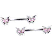 Load image into Gallery viewer, 14G 9/16 Pink Gem Fancy Fab Butterfly Barbell Nipple Ring Set
