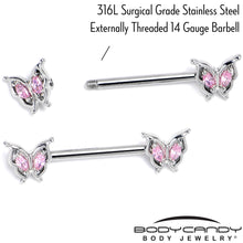 Load image into Gallery viewer, 14G 9/16 Pink Gem Fancy Fab Butterfly Barbell Nipple Ring Set
