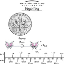 Load image into Gallery viewer, 14G 9/16 Pink Gem Fancy Fab Butterfly Barbell Nipple Ring Set
