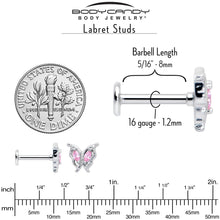 将图片加载到图库查看器，16G 5/16 Pink Gem Fancy Fab Butterfly Internally Threaded Labret
