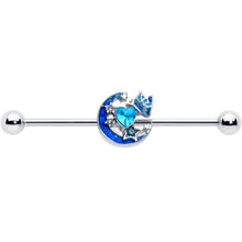 Load image into Gallery viewer, 14G Blue CZ Gem Butterfly Love Heart Industrial Barbell 38mm
