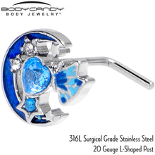 Load image into Gallery viewer, 20G 7mm Blue CZ Gem Moon Butterfly Love Heart L Shape Nose Ring
