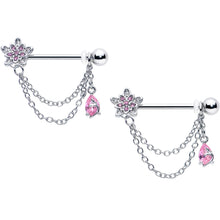 Load image into Gallery viewer, 14G 9/16 Pink CZ Gem Snowflake Flower Chain Dangle Nipple Ring Set
