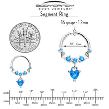 将图片加载到图库查看器，16G 3/8 Aqua CZ Gem Love Heart Dangle Hinged Segment Ring
