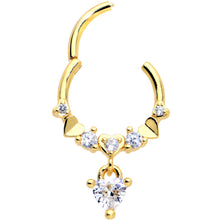 Load image into Gallery viewer, 16G 3/8 Clear CZ Gem Gold Tone Love Heart Dangle Hinged Segment Ring
