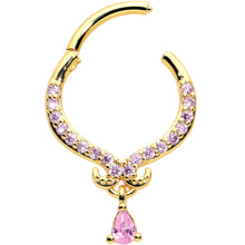 Load image into Gallery viewer, 16G 3/8 Pink CZ Gem Gold Tone Elegant Curves Hinged Segment Ring
