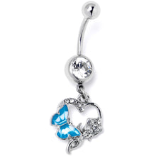 Load image into Gallery viewer, Clear Gem Butterfly Rose Flower Blue Dangle Belly Ring
