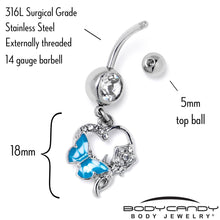 Load image into Gallery viewer, Clear Gem Butterfly Rose Flower Blue Dangle Belly Ring
