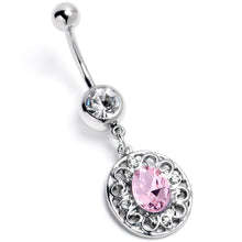 将图片加载到图库查看器，Pink Clear Gem Flower Oval Elegance Dangle Belly Ring

