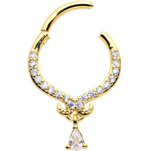 Load image into Gallery viewer, 16G 3/8 Clear CZ Gem Gold Hue Elegant Curves Dangle Hinged Segment Ring
