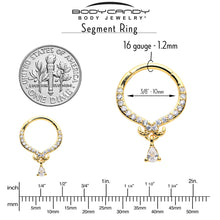Load image into Gallery viewer, 16G 3/8 Clear CZ Gem Gold Hue Elegant Curves Dangle Hinged Segment Ring
