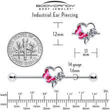 Load image into Gallery viewer, 14G Clear Gem Butterfly Rose Flower Pink Industrial Barbell 38mm
