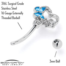 Load image into Gallery viewer, 16G 5/16 Clear Gem Butterfly Rose Flower Blue Curved Eyebrow Ring
