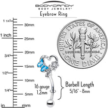 Load image into Gallery viewer, 16G 5/16 Clear Gem Butterfly Rose Flower Blue Curved Eyebrow Ring

