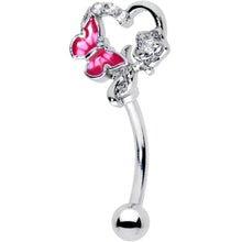 Load image into Gallery viewer, 16G 5/16 Clear Gem Butterfly Rose Flower Pink Curved Eyebrow Ring

