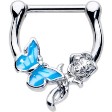 Load image into Gallery viewer, 16G 5/6 Clear Gem Butterfly Rose Flower Blue Cartilage Clicker
