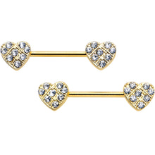 Load image into Gallery viewer, 14G 9/16 Clear CZ Gem Gold Tone Lattice Heart Barbell Nipple Ring Set

