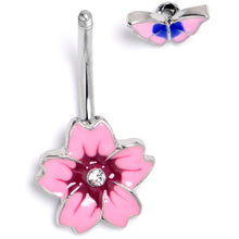 Load image into Gallery viewer, Clear Gem Perfectly Pink Flower Butterfly Double Mount Belly Ring

