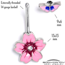 Load image into Gallery viewer, Clear Gem Perfectly Pink Flower Butterfly Double Mount Belly Ring
