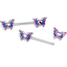 Load image into Gallery viewer, 14G 9/16 Pink Gem Heart Butterfly Purple Barbell Nipple Ring Set

