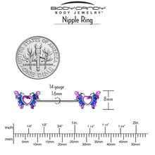 Load image into Gallery viewer, 14G 9/16 Pink Gem Heart Butterfly Purple Barbell Nipple Ring Set
