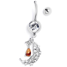 Load image into Gallery viewer, Orange Clear Gem Constellation Moon Dangle Belly Ring
