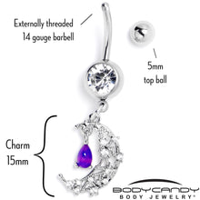 Load image into Gallery viewer, Purple Clear Gem Constellation Moon Dangle Belly Ring
