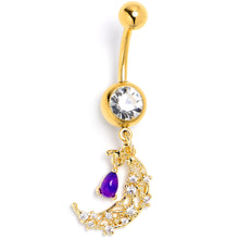 将图片加载到图库查看器，Purple Gem Gold Tone Constellation Moon Dangle Belly Ring
