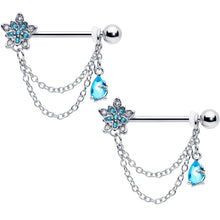 Load image into Gallery viewer, 14G 9/16 Blue CZ Gem Snowflake Flower Chain Dangle Nipple Ring Set
