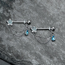 Load image into Gallery viewer, 14G 9/16 Blue CZ Gem Snowflake Flower Chain Dangle Nipple Ring Set
