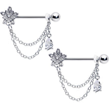 将图片加载到图库查看器，14G 9/16 Clear CZ Gem Snowflake Flower Chain Dangle Nipple Ring Set
