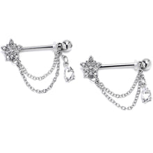 将图片加载到图库查看器，14G 9/16 Clear CZ Gem Snowflake Flower Chain Dangle Nipple Ring Set

