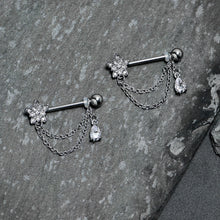 将图片加载到图库查看器，14G 9/16 Clear CZ Gem Snowflake Flower Chain Dangle Nipple Ring Set
