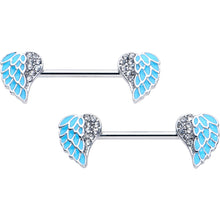 将图片加载到图库查看器，14G 9/16 Blue Heavenly Heart Angel Wings Barbell Nipple Ring Set
