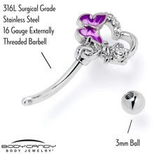 Load image into Gallery viewer, 16G 5/16 Clear CZ Gem Butterfly Rose Purple Curved Eyebrow Ring
