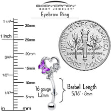 Load image into Gallery viewer, 16G 5/16 Clear CZ Gem Butterfly Rose Purple Curved Eyebrow Ring
