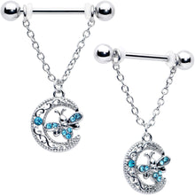 Load image into Gallery viewer, 14G 9/16 Blue Gem Lunar Dragonfly Chain Dangle Nipple Ring Set
