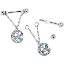 Load image into Gallery viewer, 14G 9/16 Blue Gem Lunar Dragonfly Chain Dangle Nipple Ring Set
