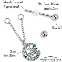 Load image into Gallery viewer, 14G 9/16 Blue Gem Lunar Dragonfly Chain Dangle Nipple Ring Set
