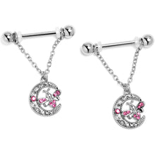 Load image into Gallery viewer, 14G 9/16 Pink Gem Lunar Dragonfly Chain Dangle Nipple Ring Set
