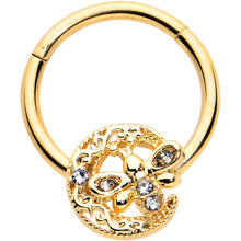 Load image into Gallery viewer, 16G 3/8 Clear Gem Gold Tone Lunar Dragonfly Hinged Segment Ring
