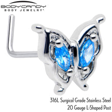 Load image into Gallery viewer, 20G 7mm Blue Gem Fancy Fab Butterfly L Shape Nose Ring
