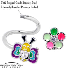 Load image into Gallery viewer, 14G 3/8 Clear CZ Gem Butterfly Love Bug Spiral Twister Belly Ring
